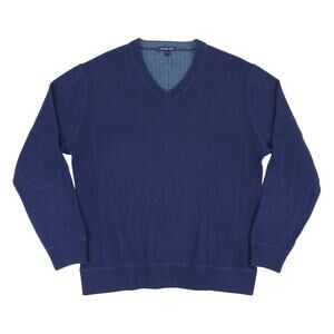 McKenzie Tribe 100% Cashmere V Neck Sweater Men XL Navy Blue Elbow Patch